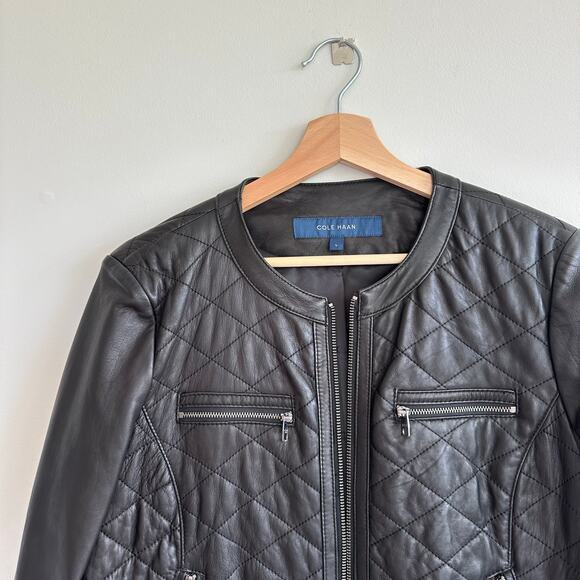 Cole Haan Genuine Lamb Skin Leather Zip Up Quilted Jacket Black L - Picture 4 of 8